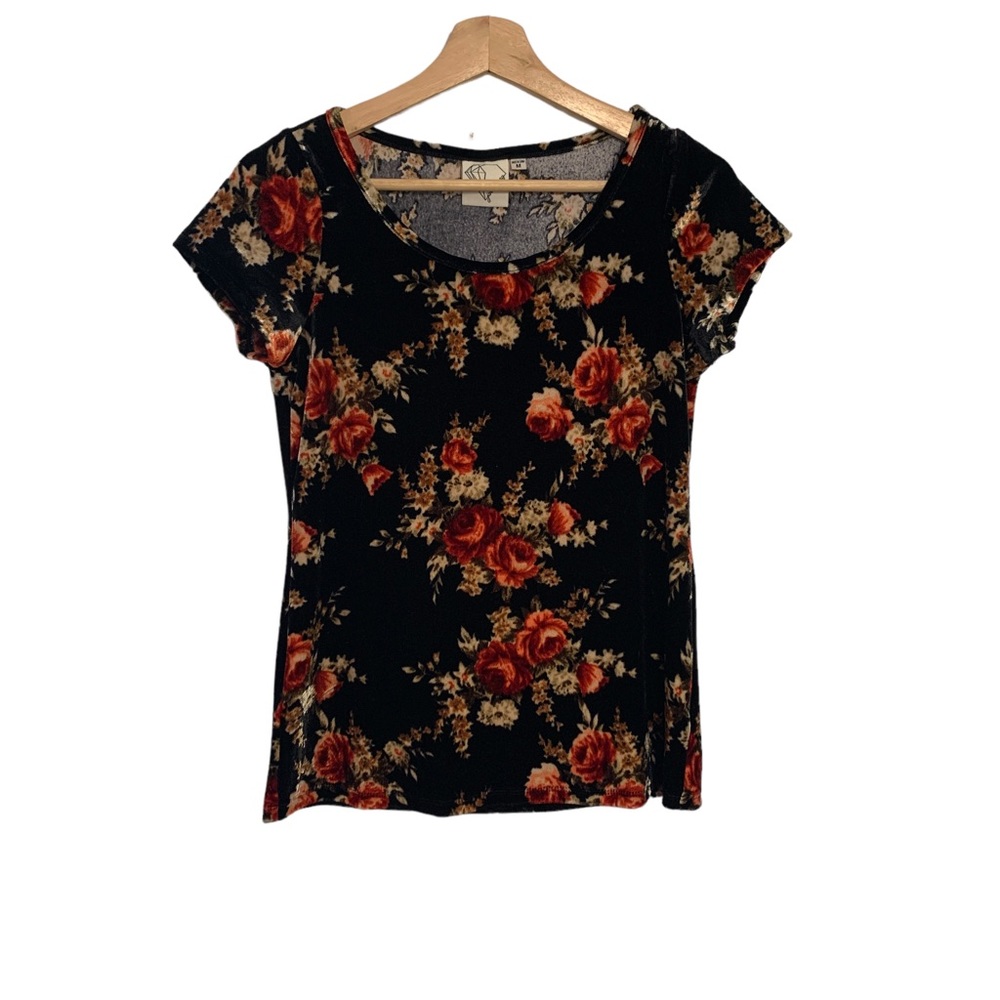 Janet Chung Vintage Black Floral Velvet Womens Top Size Medium Y2K 90s